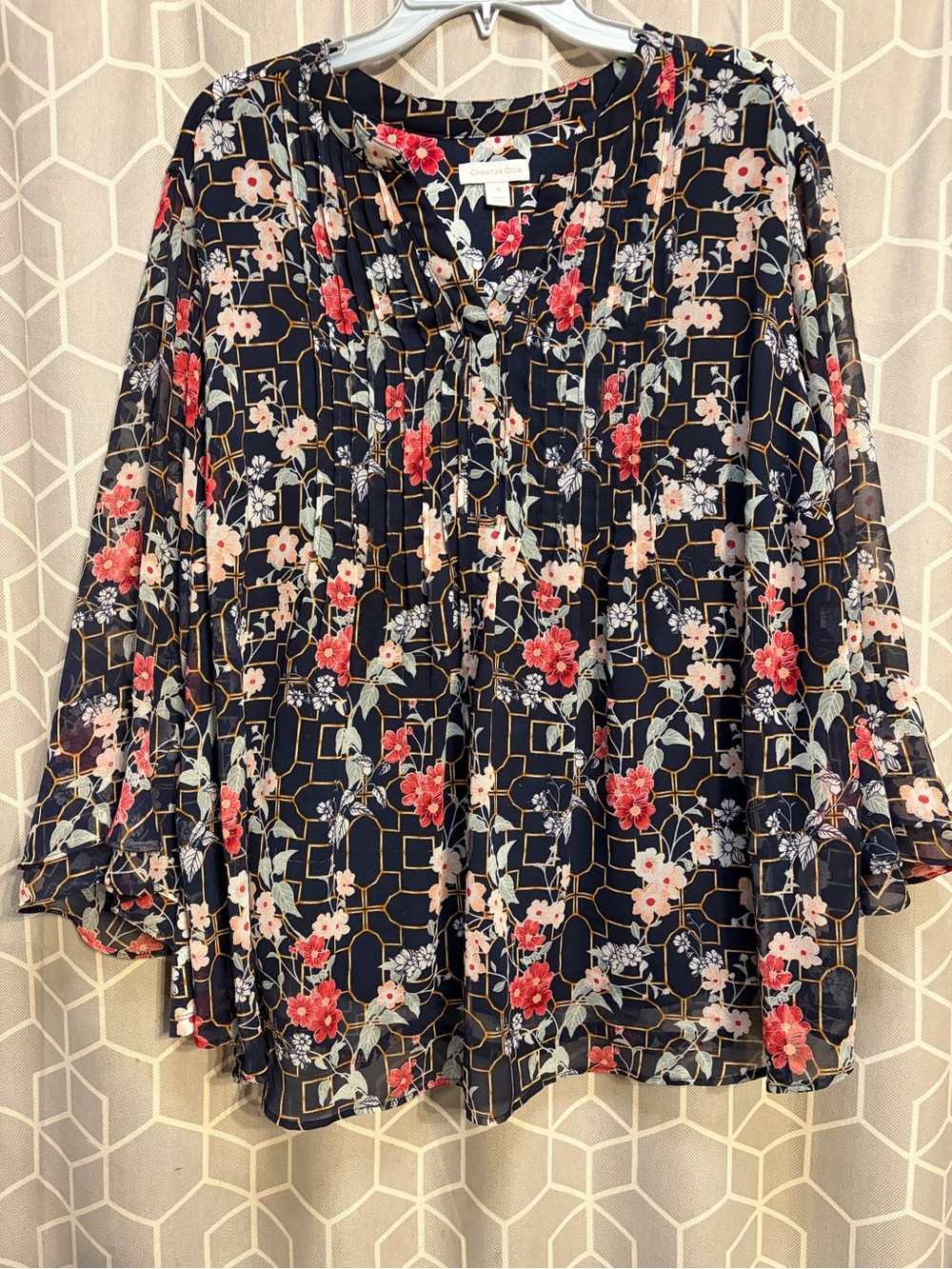 Charter Club Navy Floral Tie-Neck Blouse with Red & Cream Flowers